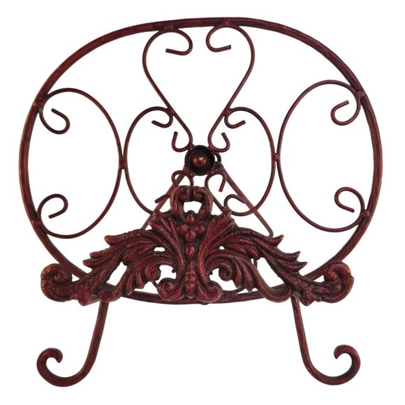 Red Scrolled Metal Decorative Plate Stand Holder Red Cast Iron Home Kitchen Art - Picture 1 of 15